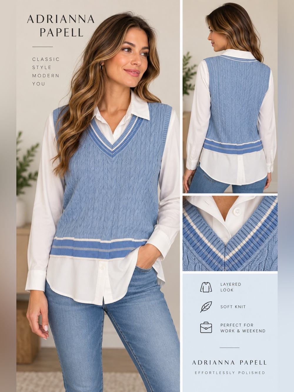 Adrianna Papell Blue Cable Knit Sweater Vest Layered Blouse Size Medium